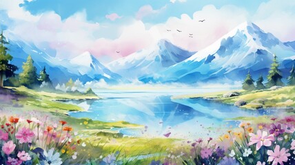 Beautiful nature landscape hand drawn watercolor wallpaper image
