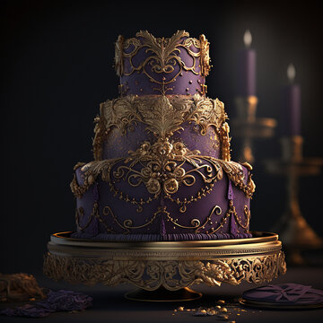 Luxury purple gold happy wedding birthday cake pictures