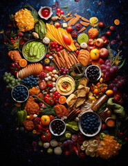 Top view background of different food ingredients ready for dinner party.