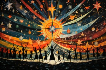 Obraz premium Whirling celestial dancers, adorned with starry costumes, performing celestial ballet - Generative AI