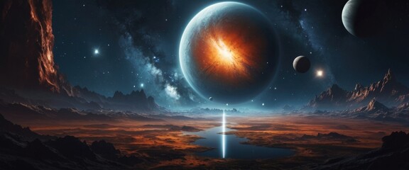 Futuristic fantasy landscape, sci-fi landscape with planet, neon light, cold planet. Galaxy with unknown planet landscape. Dark natural scene with light reflection in water. Neon space, generative AI.
