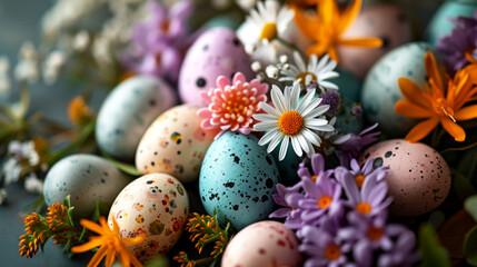 A collection of colorful speckled Easter eggs surrounded by various types of blooming flowers, Easter eggs are painted in pastel colors including shades of blue, pink and green with small spots