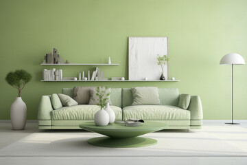 Wall seating group with painting modern minimal living room interior design light green colors