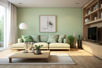 Fototapeta premium Wall seating group with painting modern minimal living room interior design light green colors