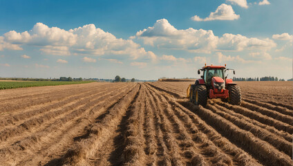Naklejka premium Harvesting huge field becomes fast and efficient thanks to modern combines. A farmer working on an industrial machine on sunny day cultivates large plantations of land, thereby increasing productivity