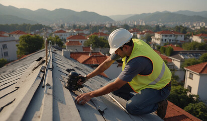 In the open air, engineers and repairmen are engaged in roofing the roofs of private houses. Services for private houses. A worker repairs the roof. Medium business providing services and repairs