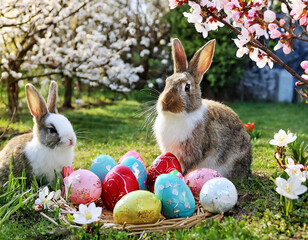 Enchanting Easter Scene: Bunnies, Eggs, and Gardens in the Farmer's Courtyard with a Church in the Background