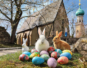 Enchanting Easter Scene: Bunnies, Eggs, and Gardens in the Farmer's Courtyard with a Church in the Background
