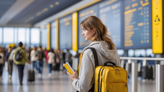 In the terminal of an international airport, a young girl carefully looks at the board with information about flights. She is waiting for her flight. A traveler checks the arrival time of her flight
