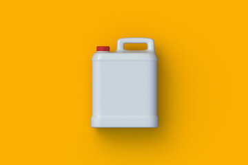 Plastic canister. Chemical product for agriculture. Jerry can for car oil or gasoline. Disinfectant or liquid laundry soap. Empty milk can. Top view. 3d rendering - obrazy, fototapety, plakaty