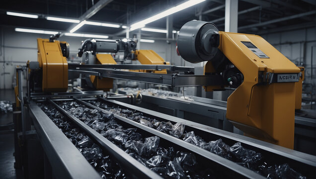 Large-scale industrial production of batteries using robotic machines and conveyor systems to supply components. Lithium battery production plant equipped with industrial equipment