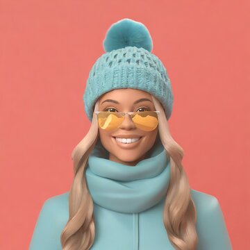 illustration style knitting portrait picture logo of woman with knitted pompom hat 