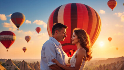 Under rays of setting sun, loving couple exchanges tender kisses near balloons on this romantic day, February 14th. Romance in air seems bloom along sunset, creating magical moment on Valentine's Day