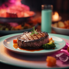 A testy grill steak on a table on a plate.
