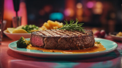 A testy grill steak on a table on a plate.