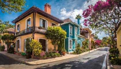Obraz premium suburban street with diverse architectural styles, including colonial, contemporary, and Mediterranean homes