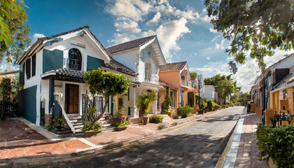 suburban street with diverse architectural styles, including colonial, contemporary, and...