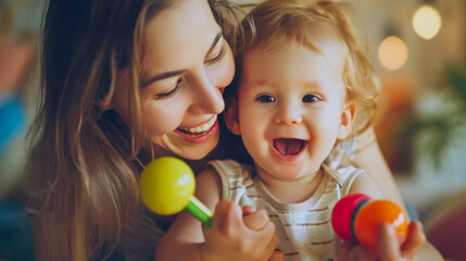 Fototapeta na wymiar Adorable Moments: Mother and Child in Toy Wonderland