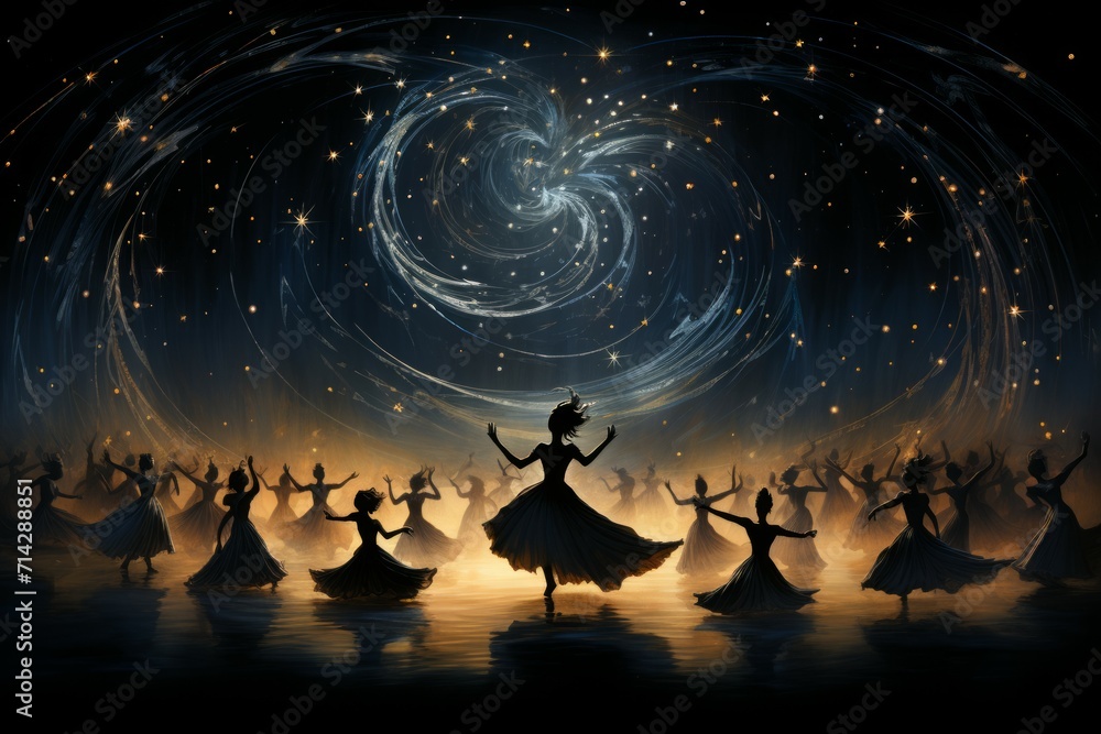 Poster Whirling celestial dancers, adorned with starry costumes, performing celestial ballet - Generative AI