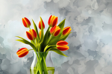 Bunch of red and yellow tulip flowers in a glass vase against colored plaster wall.