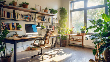 sunlit home office with a large desk, ergonomic furniture, and shelves filled with books and plants