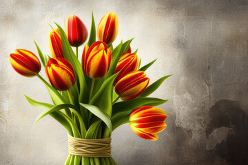 Of fresh natural yellow and red tulip flowers bouquet in a vase against a dark