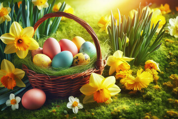 Fototapeta na wymiar Easter basket colorful eggs in green grass and daffodil flowers over nature
