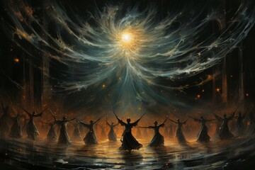 Whirling celestial dancers, adorned with starry costumes, performing celestial ballet - Generative AI