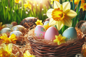 Obraz na płótnie Canvas Easter basket colorful eggs in green grass and daffodil flowers over nature blurred bokeh background daylight, holiday Easter banner