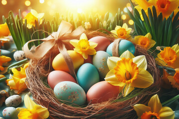 Fototapeta na wymiar Easter eggs in basket in grass with yellow daffodils. Colorful decorated easter eggs in wicker basket. Traditional egg hunt for spring holidays. Morning magical light.