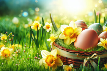 Obraz na płótnie Canvas Beautiful easter eggs in basket in grass on sunny day with blooming daffodils with copy space