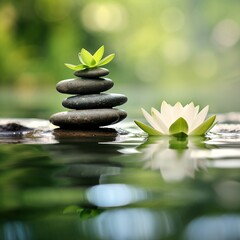 Obraz na płótnie Canvas zen basalt stones and flower in water, zen and meditation concept.AI.