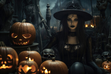 Witch woman in black dress with jack lantern, spooky house and ambiance background