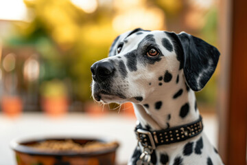 Spotty Joy: Dog Enjoying Kibble in the Yard
