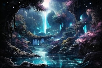 Enchanted moonlit waterfalls, flowing with liquid silver and granting wishes to those who bathe beneath them - Generative AI - obrazy, fototapety, plakaty
