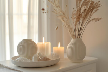 Stylish Interior Decor: Beige and White Candle Arrangement