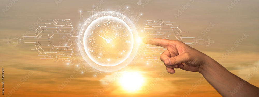 Poster time management: man touching global network and data connection on space background. efficient sche