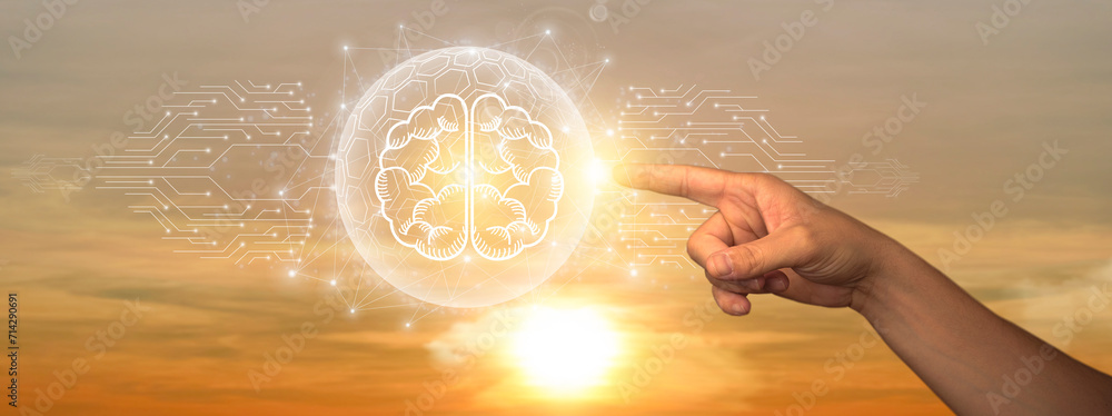 Poster bi: man touching global network and data connection on space background. business intelligence, data