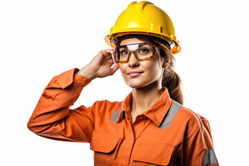 Woman worker in yellow safety helmet, isolated white background