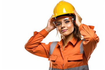Woman worker in yellow safety helmet, isolated white background