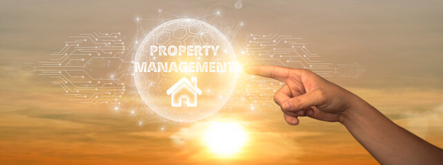 Property Management: Man Touching Global Network and Data Connection on Space Background. Efficient...