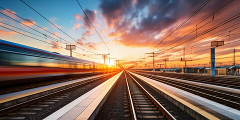Fototapeta na wymiar Railroad in motion at sunset. AI Generative.