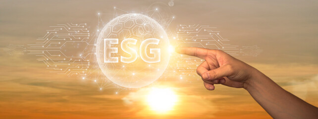 ESG: Man Touching Global Network and Data Connection on Space Background. Environmental, Social,...
