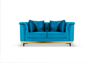 Blue quilted fabric classic sofa isolated on white background.
