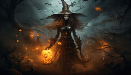 Woodland and scary background, halloween themed witch - obrazy, fototapety, plakaty