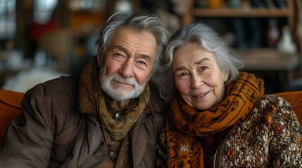 Elderly couple enjoying cozy moments together, radiating love and wisdom. serene elderly pair portrait. AI
