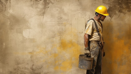Fototapeta na wymiar Worker in yellow helmet standing in front of wall with bag in hand