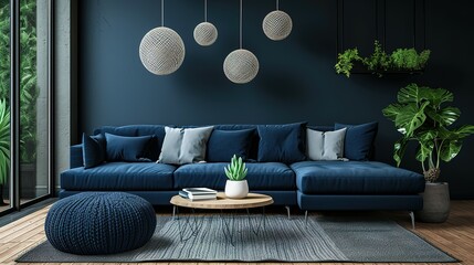 Modern living room. Two knitted pouffes near a dark blue corner sofa. Scandinavian home interior design modern living room. - obrazy, fototapety, plakaty