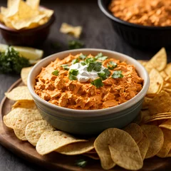 Zelfklevend Fotobehang Buffalo Chicken Dip - Spicy Chicken Bliss with Crunchy Tortilla Chips © SnacktimeProductions