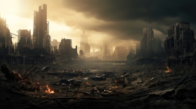 modern city devastated by explosions and chaos, apocalipse